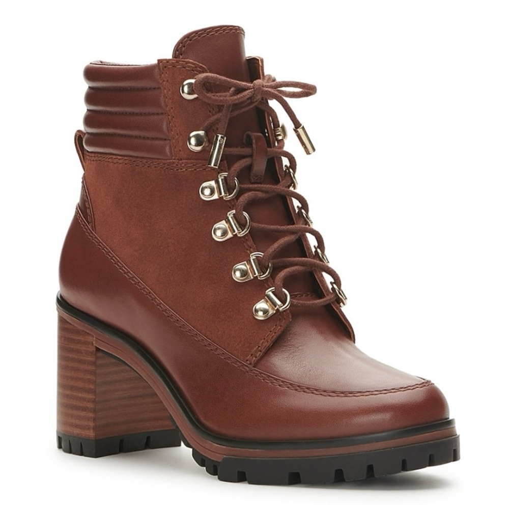 Vince Camuto Donenta Shearling Lace Up Bootie - Size 8 - Cognac/Dark Brown